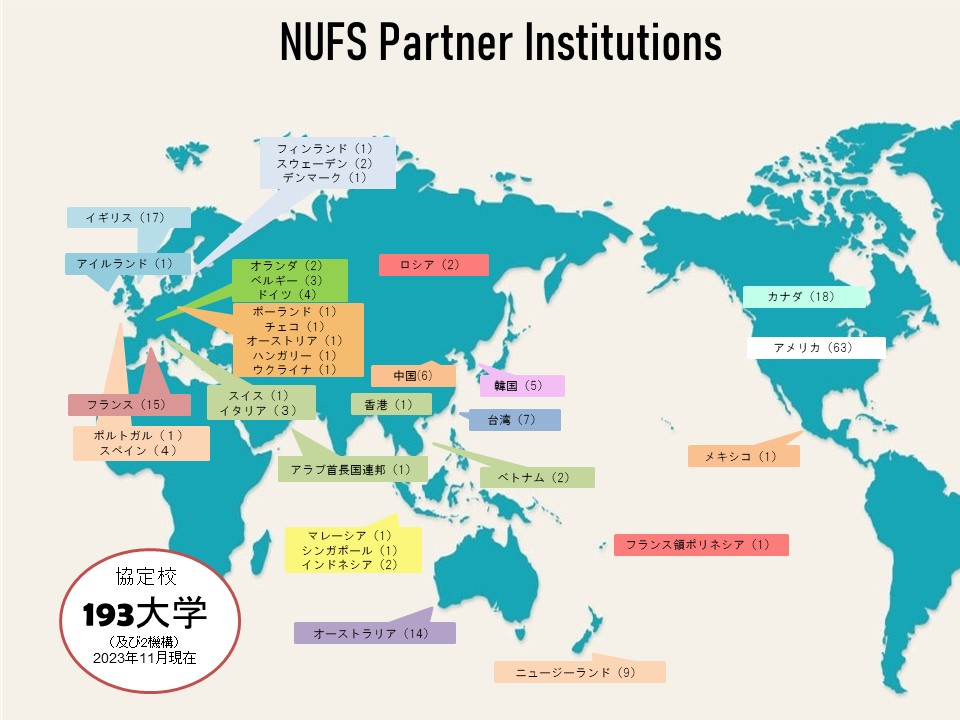 名古屋外国語大学 協定大学数：193大学2機構（2023年11月現在）